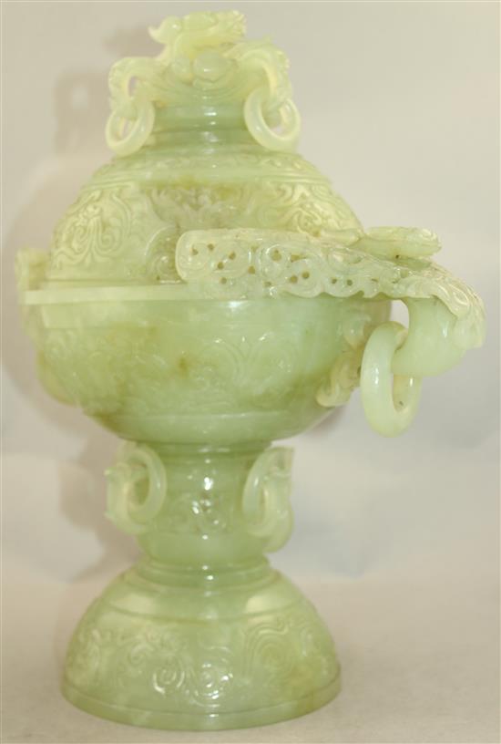 A large Chinese bowenite jade censer and cover, 20th century, 35cm